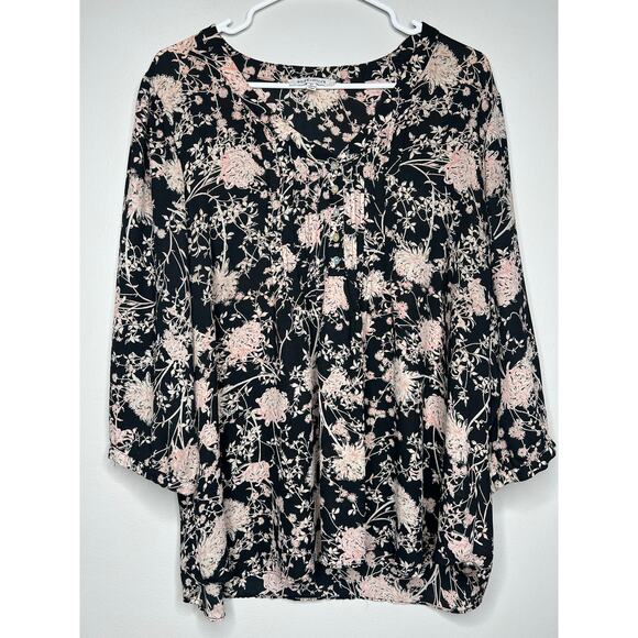 Rose + Olive Size 2X Black Floral 3/4 Sleeve Peasant Top Tunic Lightweight Flowy - Picture 5 of 11